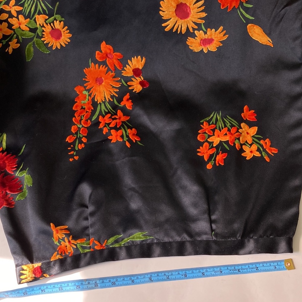 Vintage 60s 70s black satin vibrant floral flocked maxi skirt sz M EUC - Picture 5 of 9